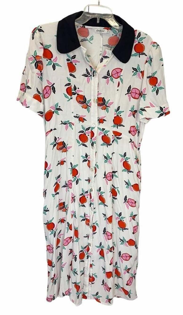 Cath Kidston London Fruit Print Shirt Dress UK 16 US 12 Button Front Midi Retro